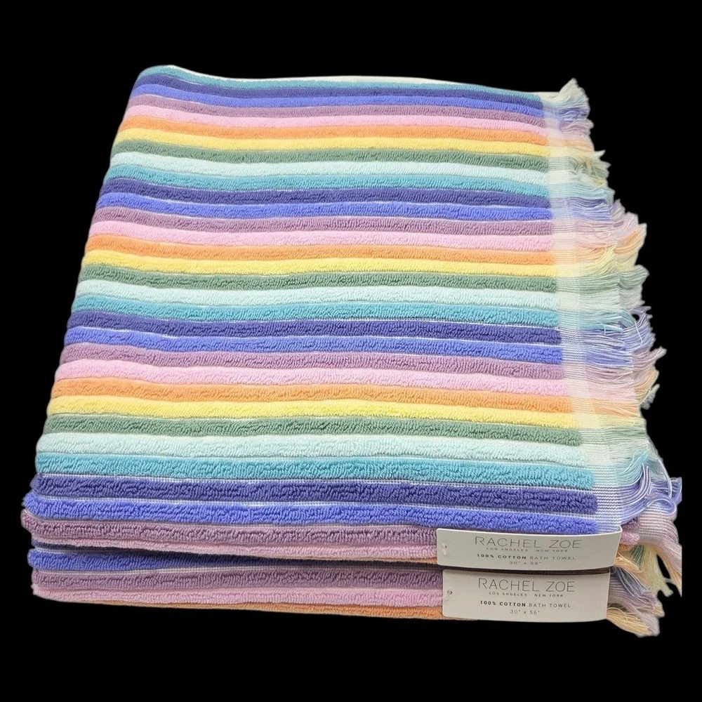 Rachel Zoe 8pc Rainbow Striped Fringe Cotton Towel Set 2 Bath 4Wash 2Hand Multi